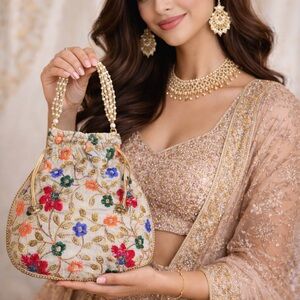 Embroidered Floral Women's Polti /pouch with beaded pearl handle